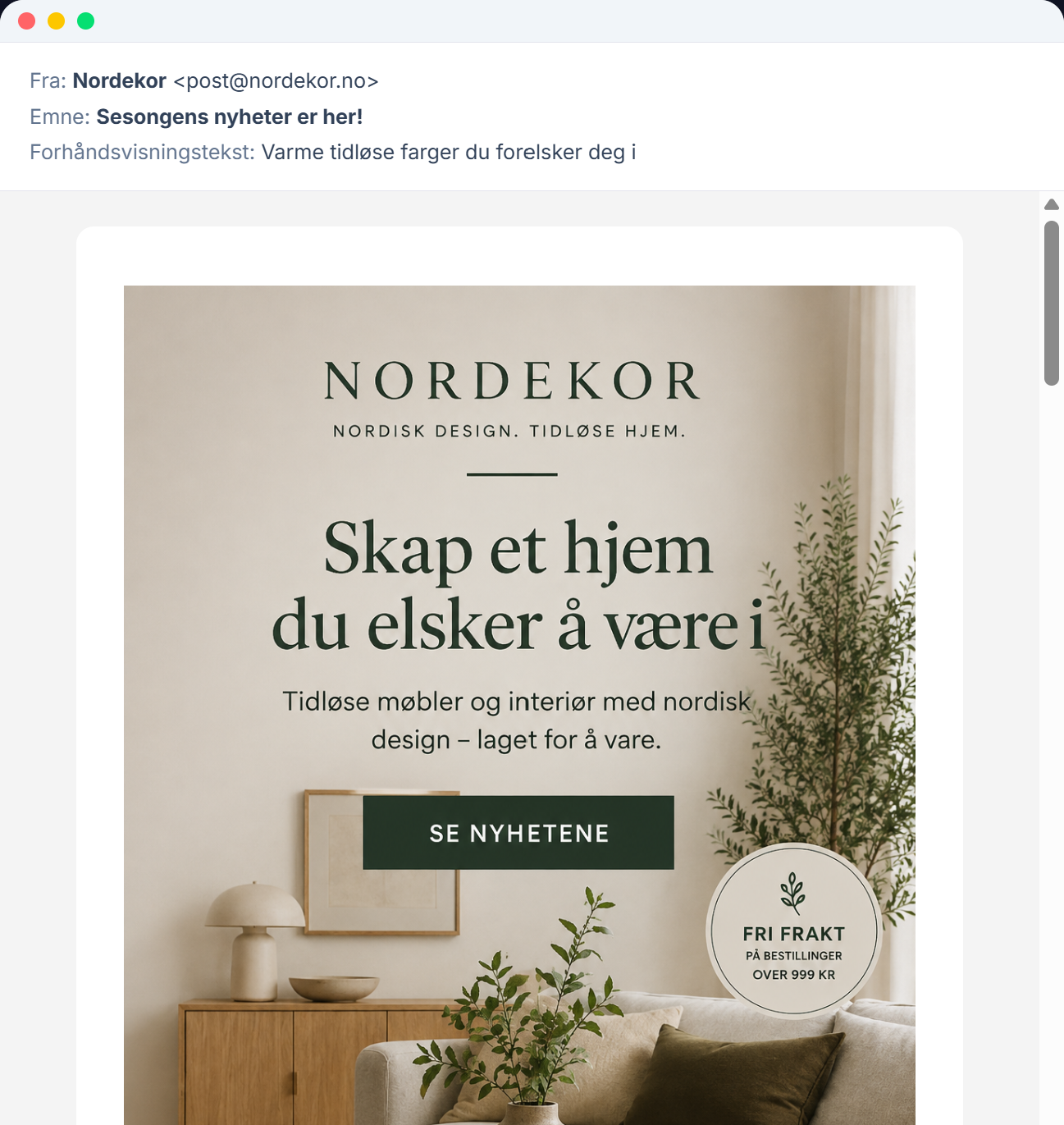 Nyhetsbrev laget i Mailro vist på mobil og desktop